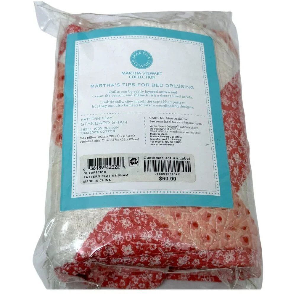 Martha Stewart Quilted Pillowcase One Standard Sham Pink White Print 100% Cotton